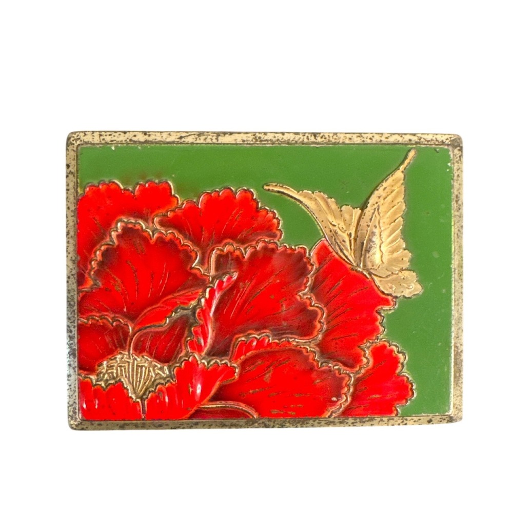 Vintage Peony Flower Butterfly Enamel Red Green Gold Tone Home Decor
